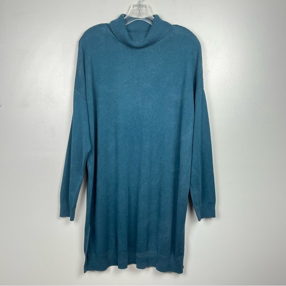 Eileen Fisher teal tencel nylon spandex turtleneck tunic sweater, large.